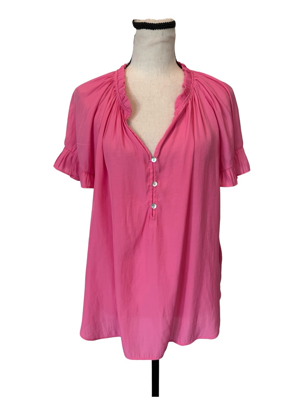 Rose + Olive Pink Ruffle Neck Blouse Women Large Flowy Boho Peasant Top